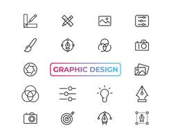 Set of thin line icons of graphic design. Simple linear icons in a modern style flat, Creative Process. Graphic design, creative package, stationary, software and more simple UI, UX vector icons