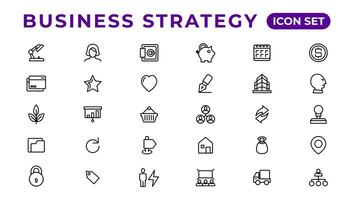 Business strategy set of web icons in line style. Business solutions icons for web and mobile app. Action List, research, solution, team, marketing, startup, advertising, business process vector