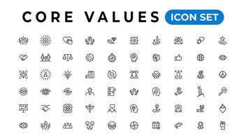 Core value icon banner collection. Containing innovation, goals, responsibility, integrity, customers, commitment, quality, teamwork, reliability and inclusion. Vector solid collection of icons