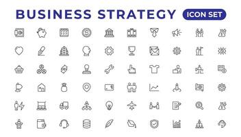 Business strategy set of web icons in line style. Business solutions icons for web and mobile app. Action List, research, solution, team, marketing, startup, advertising, business process vector