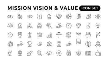 misión, visión y valor icono colocar. contorno ilustración de iconos núcleo valores línea iconos visión, social responsabilidad, y resolución de problemas vector