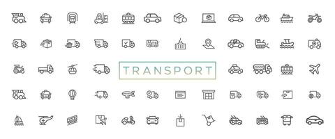 transporte, vehículo y entrega elementos - mínimo Delgado línea web icono colocar. contorno íconos colección vector