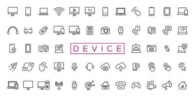 Device and technology line icon set. Electronic devices and gadgets, computer, equipment and electronics. Computer monitor, smartphone, tablet and laptop sumbol collection vector