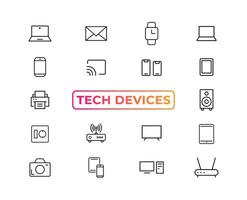 dispositivo y tecnología línea icono colocar. electrónico dispositivos y artilugio, computadora, equipo y electrónica. computadora monitor, teléfono inteligente, tableta y ordenador portátil sumbol colección - valores ... vector