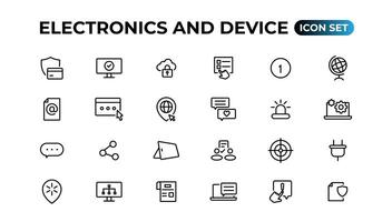 electrónica y dispositivo líneas icono colocar. electrónico dispositivos y artilugio, computadora, equipo y electrónica. computadora monitor, teléfono inteligente, tableta y ordenador portátil sumbol recopilación. vector