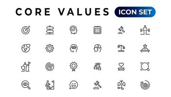 Core value icon banner collection. Containing innovation, goals, responsibility, integrity, customers, commitment, quality, teamwork, reliability and inclusion. Vector solid collection of icons