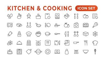 Set of outline icons related to cooking, and kitchen. Linear icon collection. Kitchen and Cooking thin line web icon set. Outline icons collection. Kitchen utensils - pan, oven, cookbook, saucepan. vector