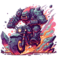 ai generiert ein Karikatur Monster- Reiten ein Motorrad, mit Flammen und Rauch png