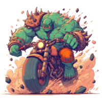 ai genererad en tecknad serie monster ridning en motorcykel png