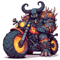 AI generated cartoon demon riding a motorcycle with flames on it png