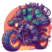 AI generated hulk riding a motorcycle with flames on it png