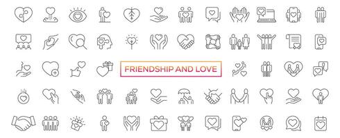 Friendship and Love Vector Line Icons Set. Relationship, Mutual Understanding, Mutual Assistance, Interaction