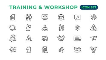 Training and workshop linear icons collection.Set of thin line web icon set, simple line icons collection, Pixel Perfect icons, Editable vector illustration.