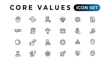 Core value icon banner collection. Containing innovation, goals, responsibility, integrity, customers, commitment, quality, teamwork, reliability and inclusion. Vector solid collection of icons