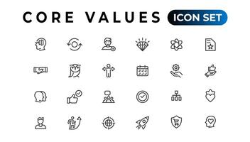 Core value icon banner collection. Containing innovation, goals, responsibility, integrity, customers, commitment, quality, teamwork, reliability and inclusion. Vector solid collection of icons