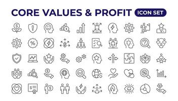 Value money core icons set. Outline illustration of icons. Core values line icons. Integrity. Vision, Social Responsibility, Commitment, Personal Growth, Innovation, Family, and Problem-Solving. vector