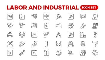 Labor and Industrial icon set. Line set of Engineer, Gear, and Gears mechanical machine icons. Manufacturing and Engineering line icon set. Production, Setting, Industrial Factory,  Labour, vector