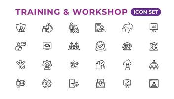 Training and workshop linear icons collection.Set of thin line web icon set, simple line icons collection, Pixel Perfect icons, Editable vector illustration.