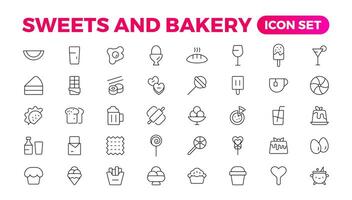 Sweets and Bakery icon set. Food icon collection. Containing meal, restaurant, dishes, and fruit icons. Set of outline icons related to food and drink. Linear icon collection. Outline icon collection. vector