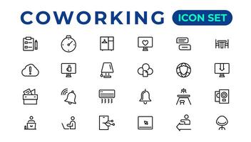 Coworking Service Vector Icons Set Collection. Coworking space office thin line icons set.Outline icon.