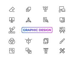 Set of thin line icons of graphic design. Simple linear icons in a modern style flat, Creative Process. Graphic design, creative package, stationary, software and more simple UI, UX vector icons