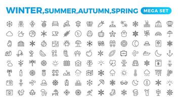 Spring, summer, autumn, and winter icon set. Weather icons. Weather forecast icon set. Clouds logo. Weather, clouds, sunny day, moon, snowflakes, wind, sun day. Outline icon collection. vector