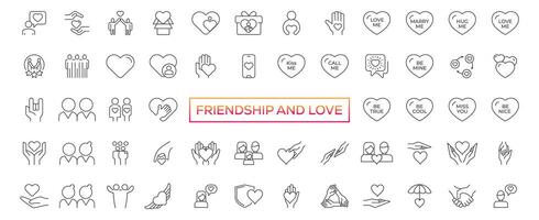 Friendship and Love Vector Line Icons Set. Relationship, Mutual Understanding, Mutual Assistance, Interaction