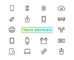 Device and technology line icon set. Electronic devices and gadgets, computer, equipment and electronics. Computer monitor, smartphone, tablet and laptop sumbol collection - stock ... vector