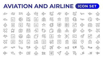 avión icono recopilación. avión vector. vuelo transporte símbolo. viaje concepto.conjunto de vector línea icono. eso contiene símbolos de aeronave, crédito tarjetas, carteras, dólares, dinero globo. contorno icono colocar.