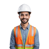 AI generated Portrait of male engineer with helmet and safety vest isolated on transparent background png