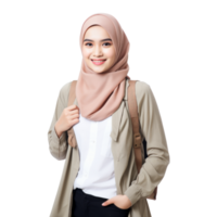 AI generated Muslim asian female university student carrying backpack isolated on transparent background png