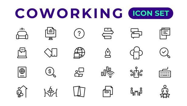 Coworking Service Vector Icons Set Collection. Coworking space office thin line icons set. Editable vector icon.