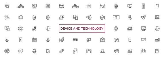 dispositivo y tecnología línea icono colocar. electrónico dispositivos y artilugio, computadora, equipo y electrónica. computadora monitor, teléfono inteligente, tableta y ordenador portátil sumbol colección vector