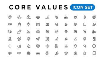 Core value icon banner collection. Containing innovation, goals, responsibility, integrity, customers, commitment, quality, teamwork, reliability and inclusion. Vector solid collection of icons