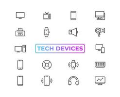 dispositivo y tecnología línea icono colocar. electrónico dispositivos y artilugio, computadora, equipo y electrónica. computadora monitor, teléfono inteligente, tableta y ordenador portátil sumbol colección - valores ... vector