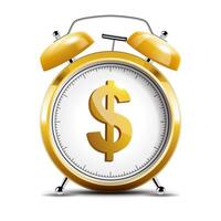 Realistic Shiny Gold Alarm Clock with Shiny Dollar Emblem, Time Is Money Concept, Vector Illustration