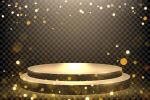 Gold Empty Podium with Flying Particles on Dark Pattern, Vector Illustration