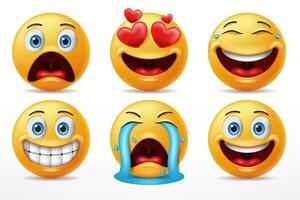 Smiling Faces Emoticon Character Set, Facial Expressions Of Cute Yellow Faces In Shocked, In Love, Laugh, Crying And Happy Expression. 3D Realistic, Vector Illustration