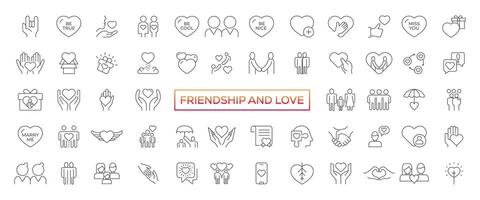 Friendship and Love Vector Line Icons Set. Relationship, Mutual Understanding, Mutual Assistance, Interaction