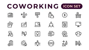 Coworking Service Vector Icons Set Collection. Coworking space office thin line icons set. Editable vector icon.