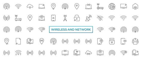 Wireless and Network vector line icon set. Contains linear outline icons like Connection, Signal, Internet, Phone, Radio, Computer, Wifi, Communication, Antenna