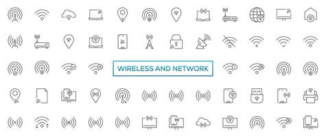 Wireless and Network vector line icon set. Contains linear outline icons like Connection, Signal, Internet, Phone, Radio, Computer, Wifi, Communication, Antenna