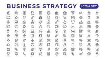 Business strategy set of web icons in line style. Business solutions icons for web and mobile app. Action List, research, solution, team, marketing, startup, advertising, business process vector