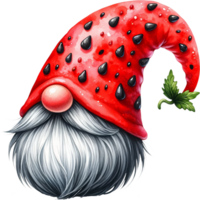 ai genererad gnome med vattenmelon hatt och svart frön mönster png