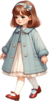 AI generated Retro Little Girl in Beige Coat and Red Shoes png