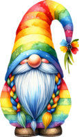 ai genererad nyckfull gnome med regnbåge och ballonger illustration png