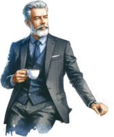 ai gerado elegante Senior cavalheiro com café e Smartphone png