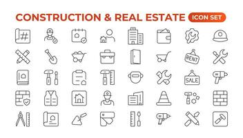 Real Estate and Construction line icons set. Real Estate outline icons collection. Purchase and sale of housing, builder, crane, rental of premises, insurance, realty, measure, tool. Thin line icon. vector