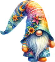 ai généré gnome avec planche de surf et tropical chapeau illustration png