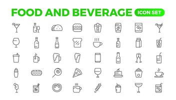 Set of outline icons related to food and drink. Linear icon collection. Fast food and drinks line icons collection. Bar, restaurant, food icons. UI icon set. Thin outline icons pack. vector